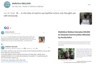Integrated marketing content preview of blog and social media posts by Carlo Aguinaldo, titled Wellshine Wellson donates $10,000 to Victorian Communities. SEO content marketing, consistent message and signal across platforms